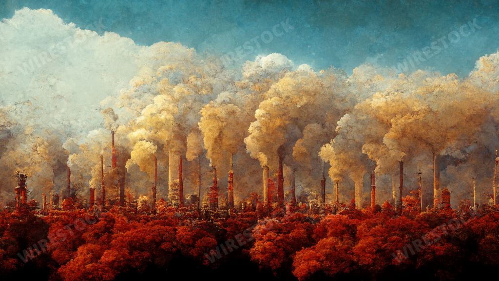 A painting of destroyed nature and factories working - climate change, global warming concept