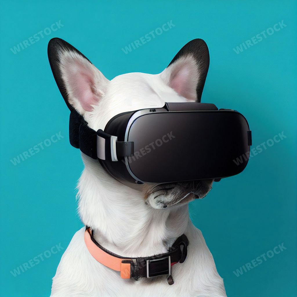 An ai generated artwork of a cute dog wearing VR headset in a studio