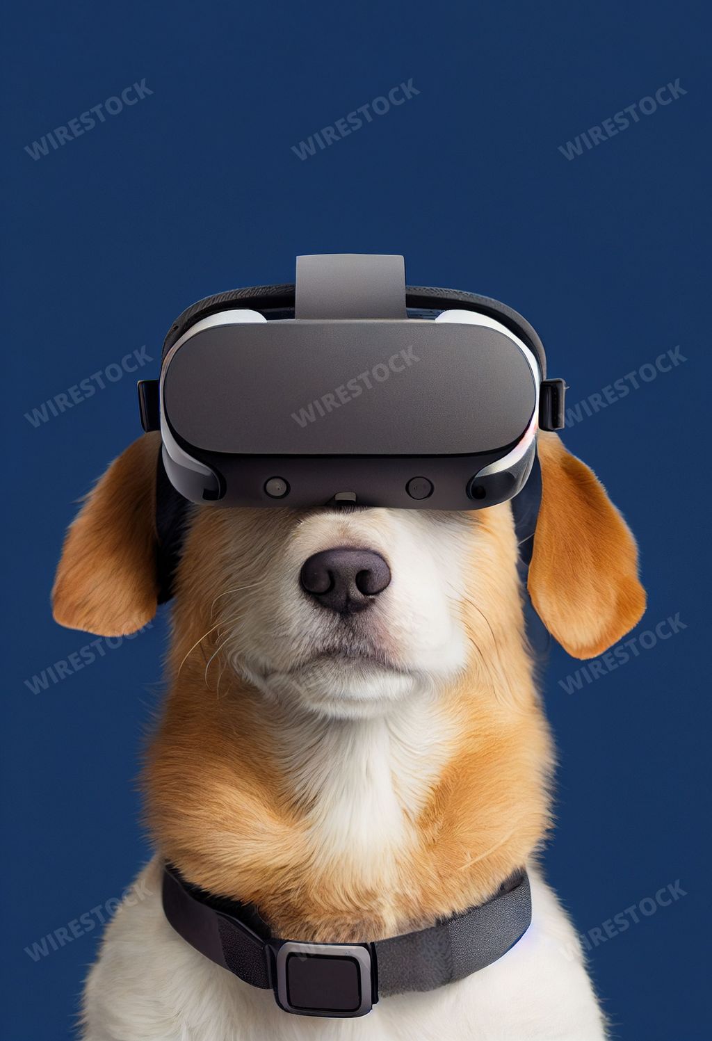 An ai generated artwork of a cute dog wearing VR headset in a studio