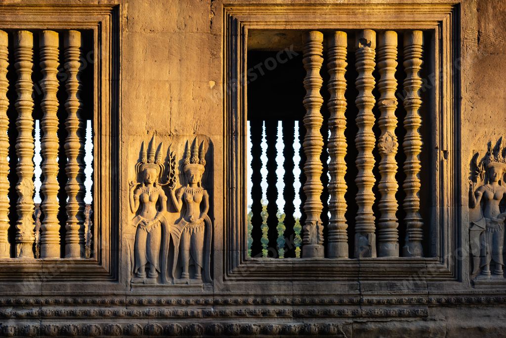 A closeup of the engravings on the wall of the Angkor Wat, Cambodia