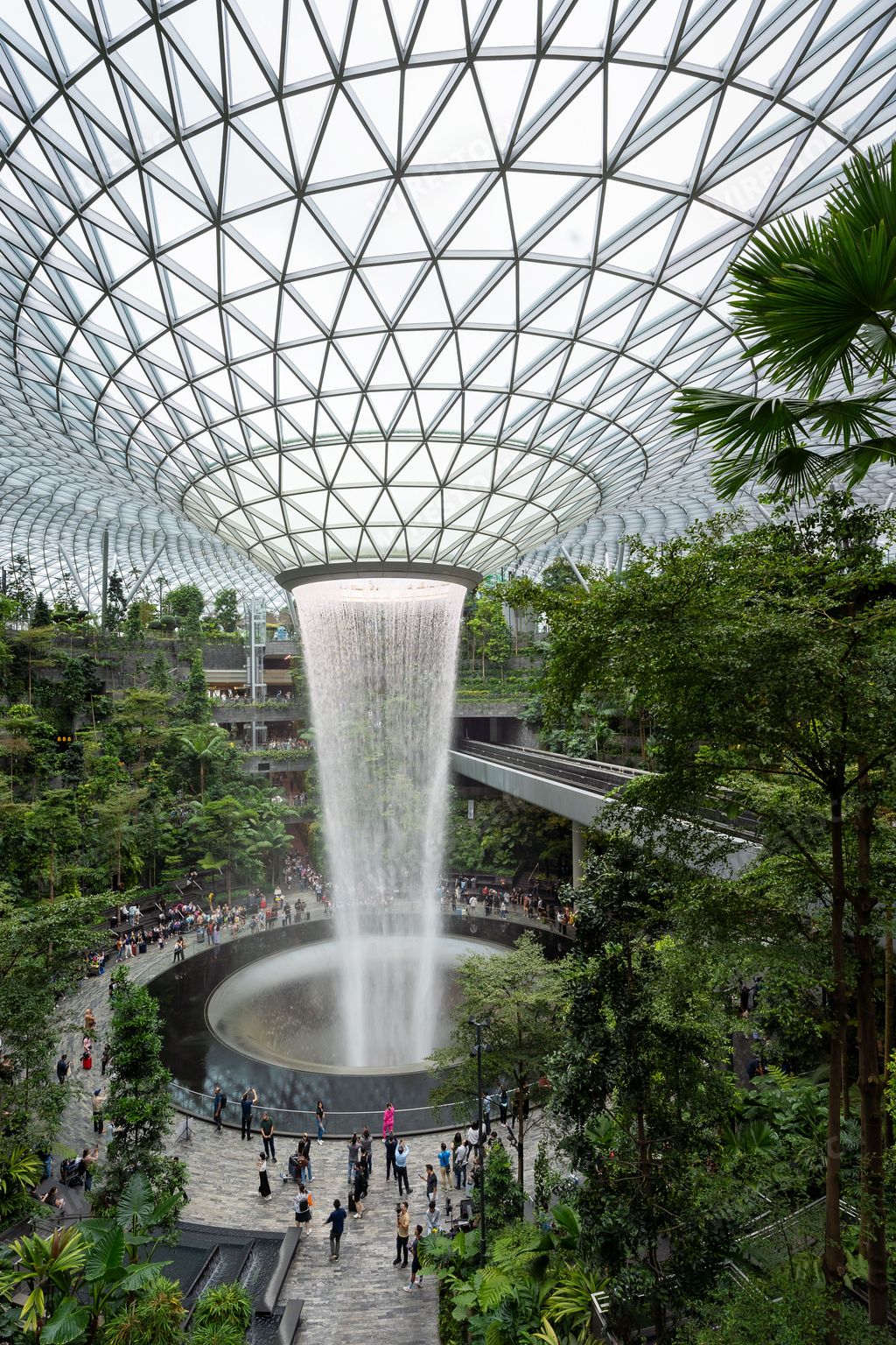 A vertical shot of the HSBC Rain Vortex at Jewel in Changi airport, Singapore