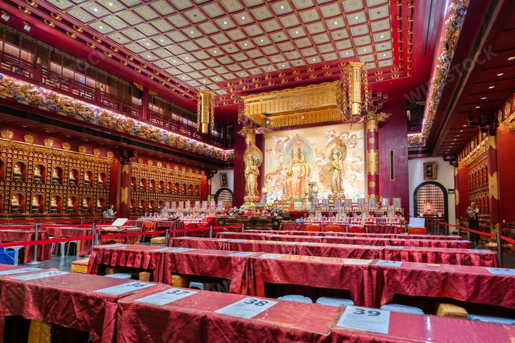 The red tables in Buddha Tooth Relic Temple in Chinatown, Singapore