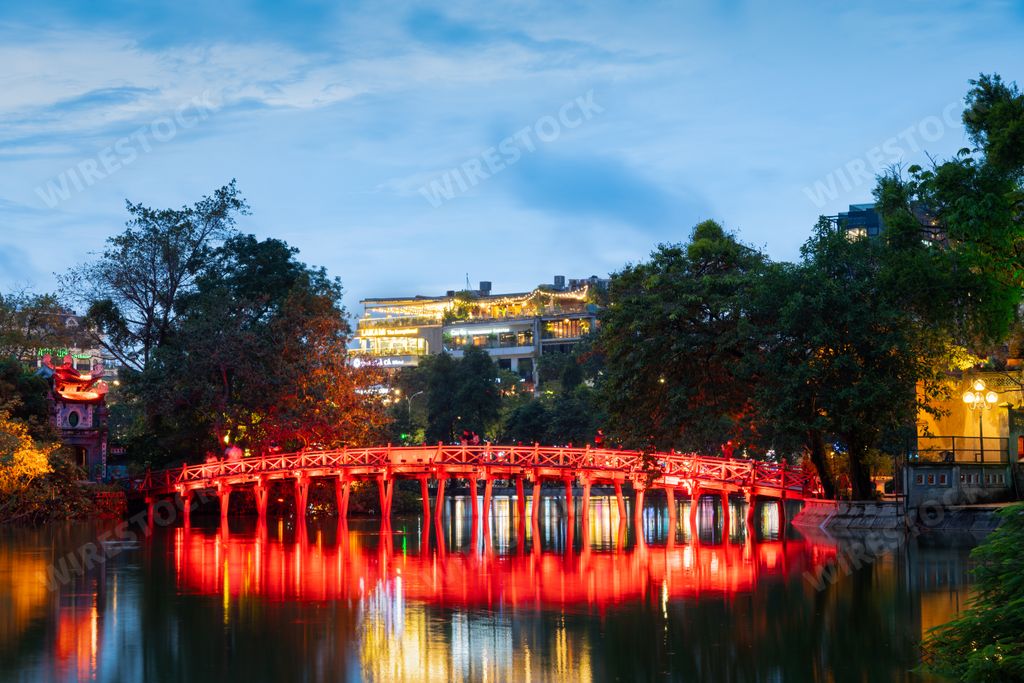 The view of Welcoming Morning Sunlight Bridge in the evening. Hanoi, Vietnam