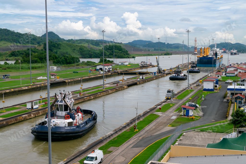 An aerial view of ships and boats in Panama Canal seen from Miraflores Visitor Center