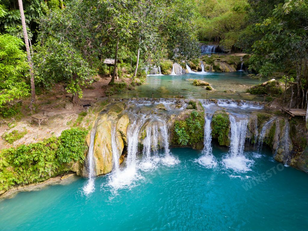 An aerial view of Cambugahay Falls, Siquijor, Philippines
