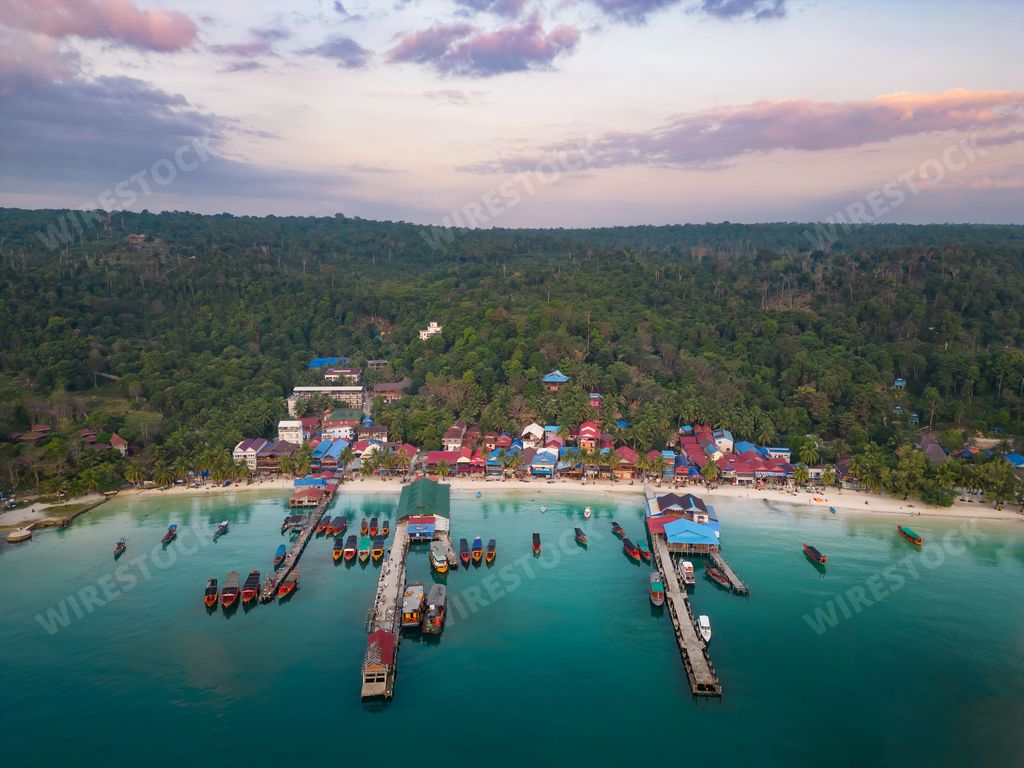 An aerial shot of the White Beach in Koh Rong Samloem, Cambodia
