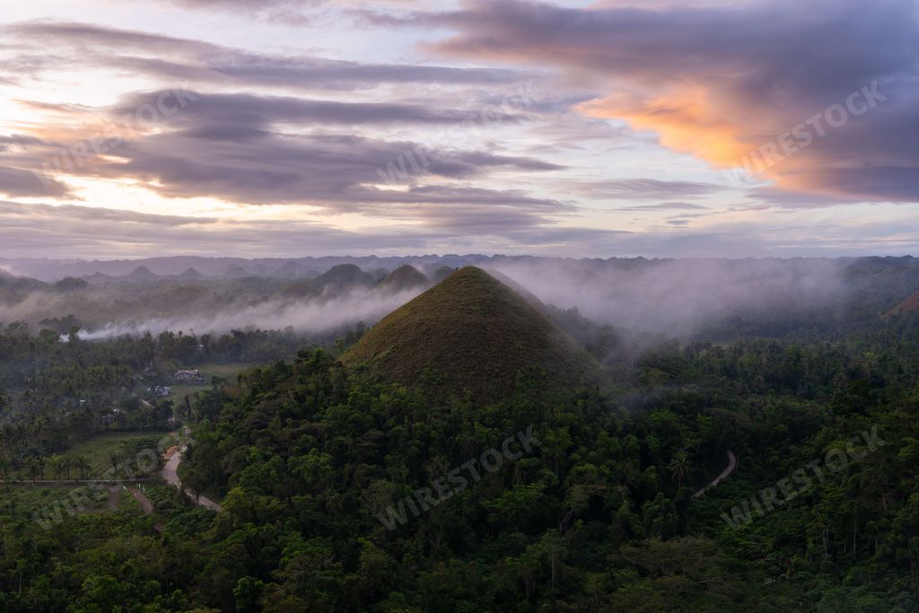 An aerial view of Chocolate Hills, Bohol Island, Philippines at sunset