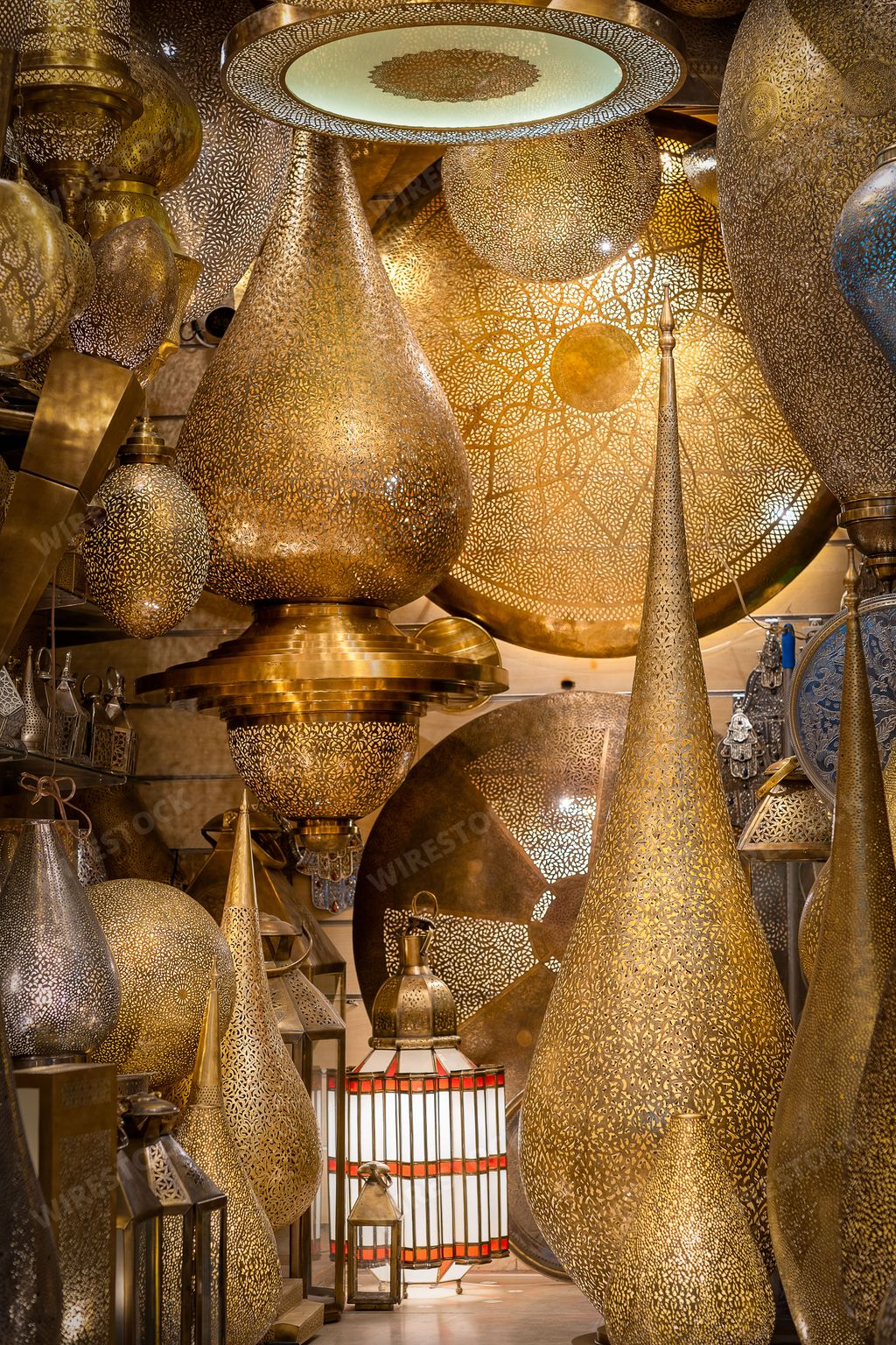 A vertical shot of a lamp shop in Medina, Marrakesh, Morocco