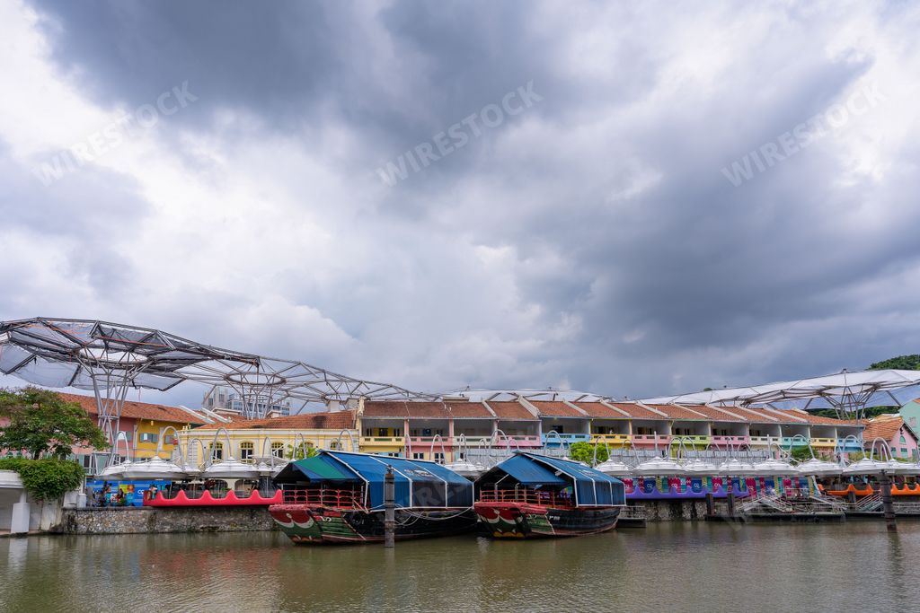 The Clarke Quay colorful houses and boats in Singapore