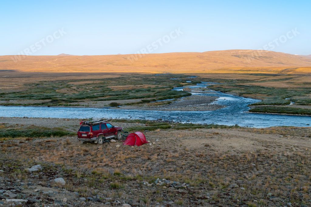 The beautiful Deosai National Park with a camping tent, Pakistan