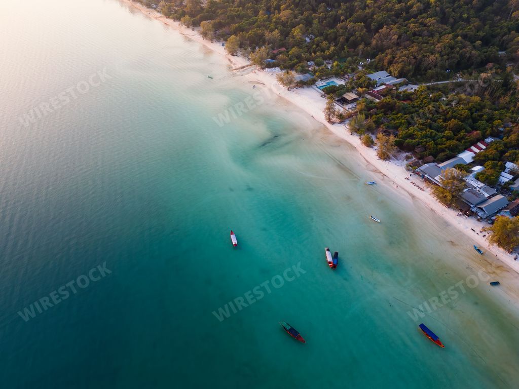 An aerial shot of the Saracen Bay surrounded by greenery in Koh Rong Samloem, Cambodia
