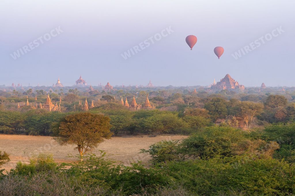 A scenic sunrise with hot air balloons in Old Bagan, Myanmar (Burma)