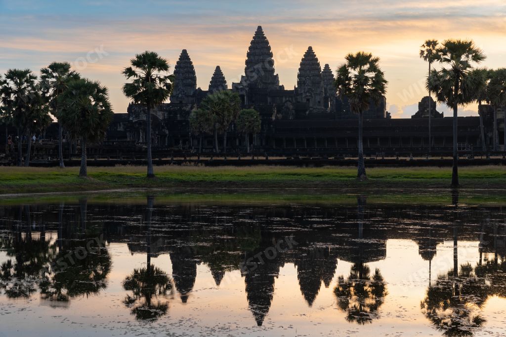 A landscape of a temple during the sunrise in Angkor Wat, Cambodia