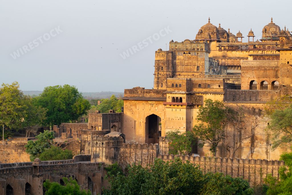 The Orchha Fort complex surrounded by lush trees in India