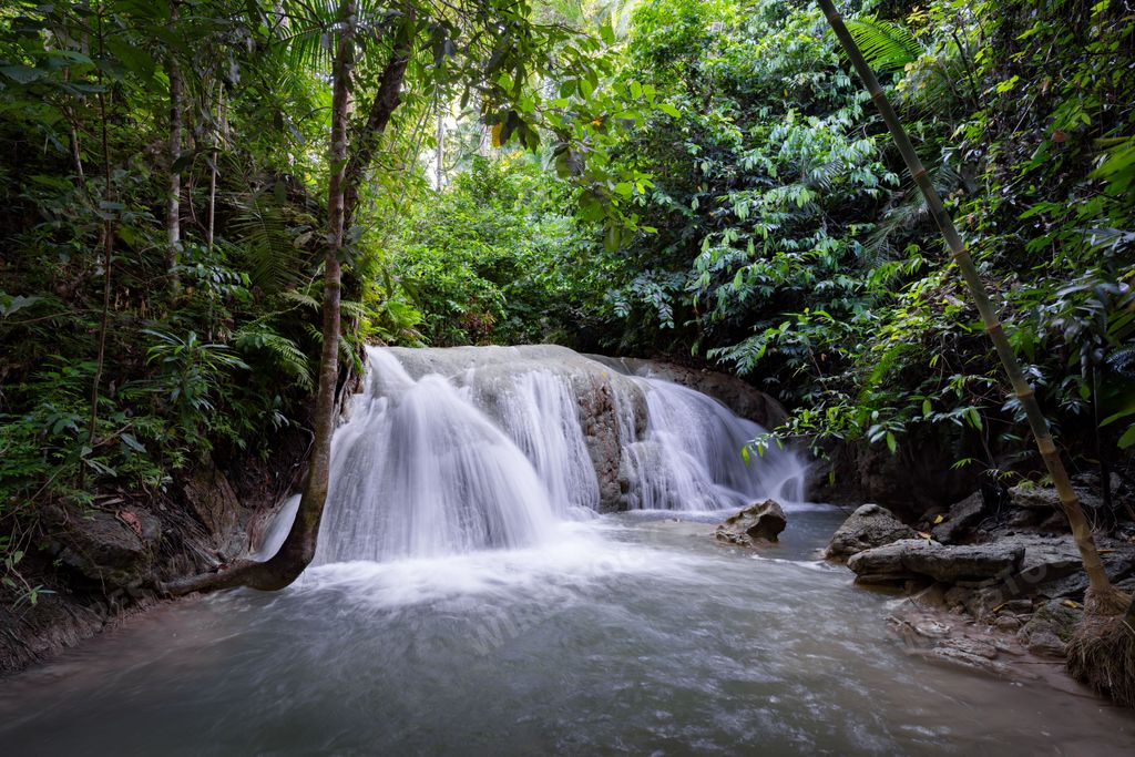 A tranquil tropical scene featuring Lugnason Falls, Siquijor, Philippines surrounded by towering verdant rainforest trees