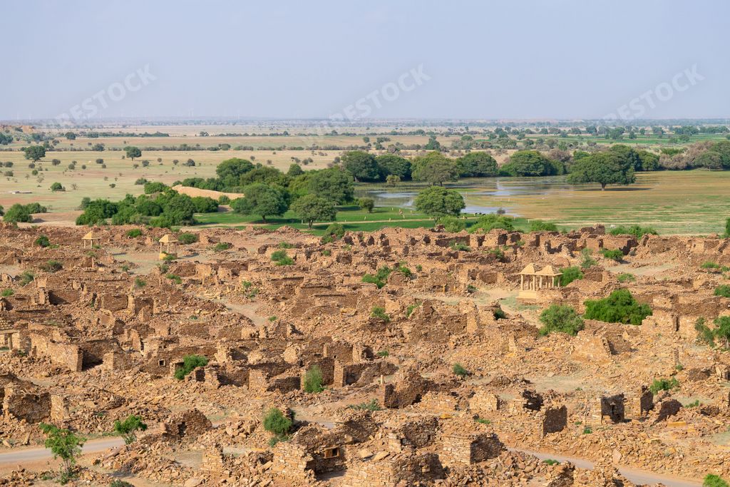 An aerial view of the abandoned village Kuldhara in Rajasthan, India