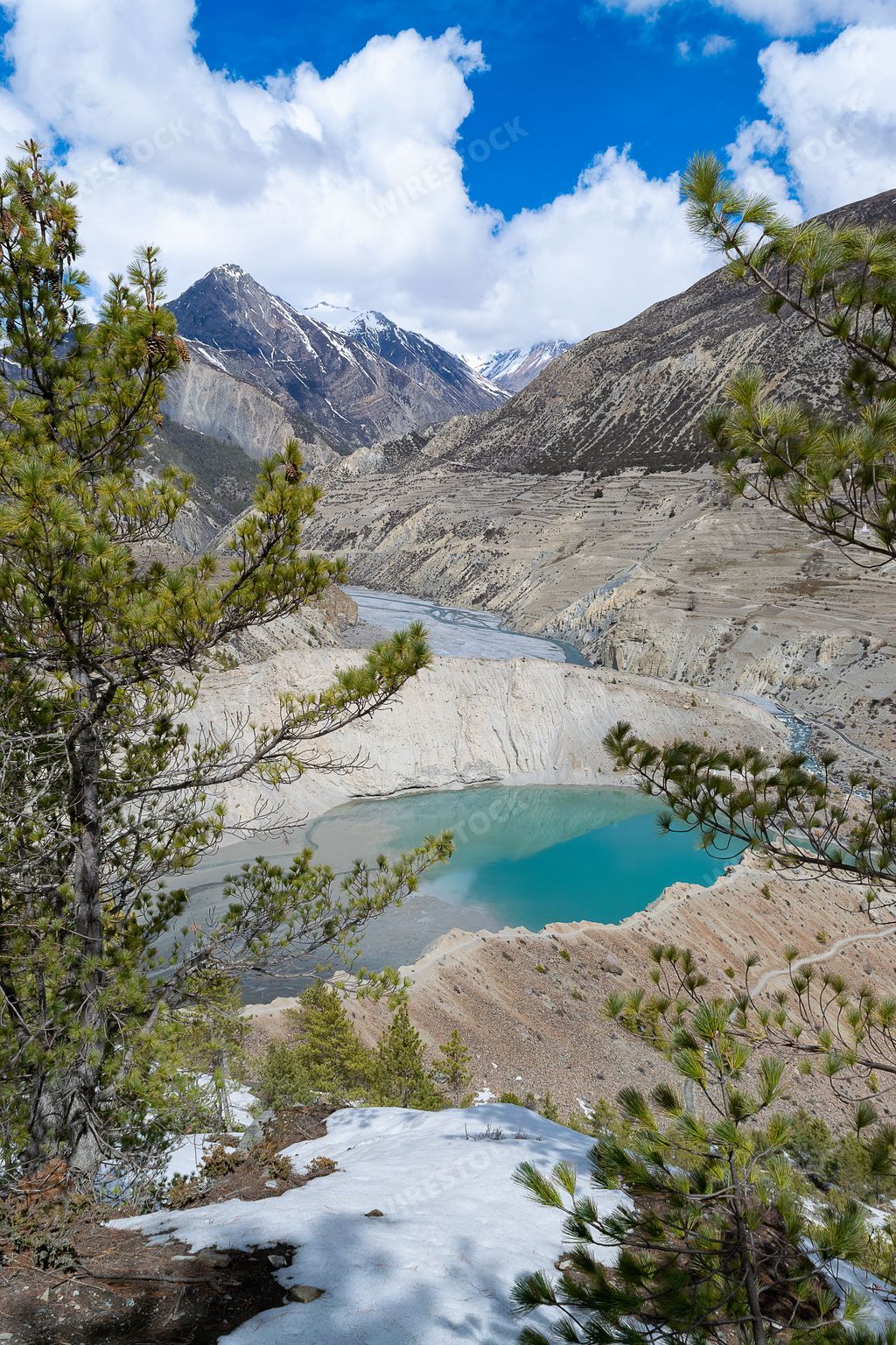 A vertical shot of Gangapurna lake in Manang, Gandaki Province, Annapurna circuit trek, Nepal