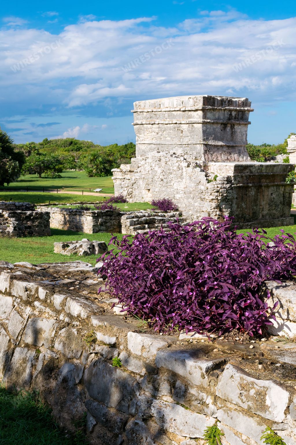 A vertical view of the historical Tulum Archaeological Zone ruins in Mexico