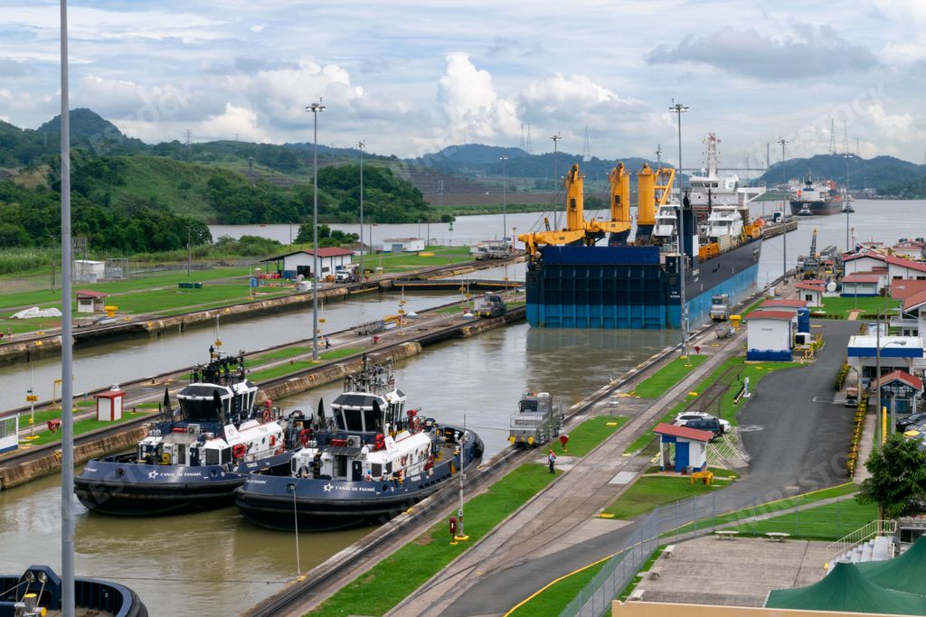 An aerial view of ships and boats in Panama Canal seen from Miraflores Visitor Center