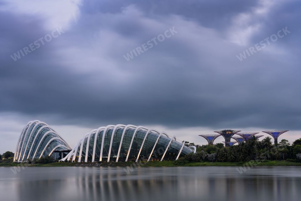 The futuristic landscape of Flower dome, Cloud Forest Dome and Gardens by the bay in Singapore