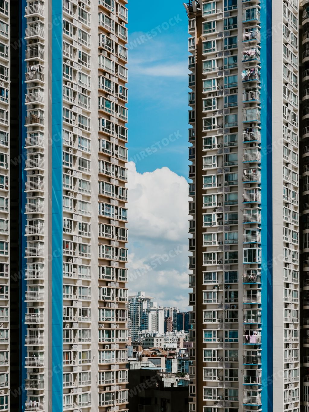 A vertical shot of modern high-rise buildings in Shenzhen City, Guangdong Province, China
