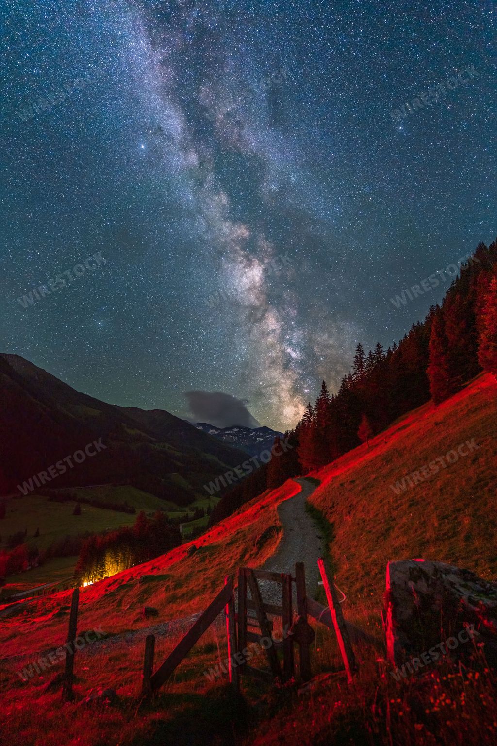 A vertical shot of a path in Fusch valley with the Milky Way galaxy in the night sky