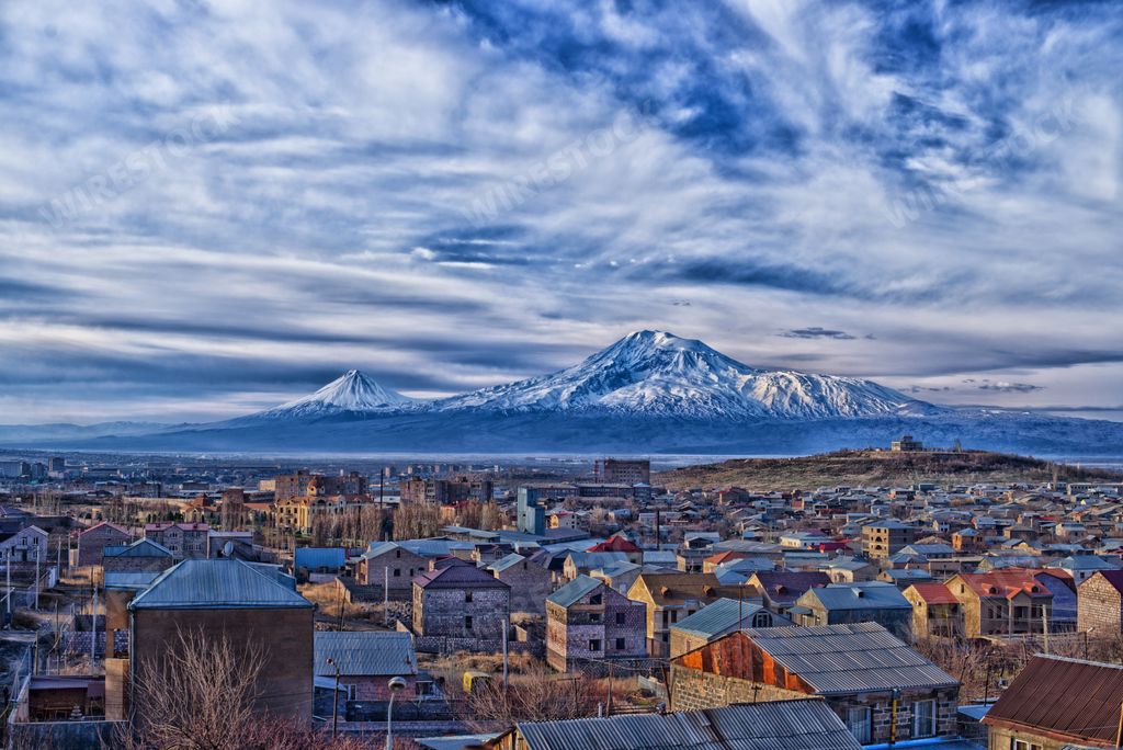 The view of the buildings with the Ararat mountain in the background