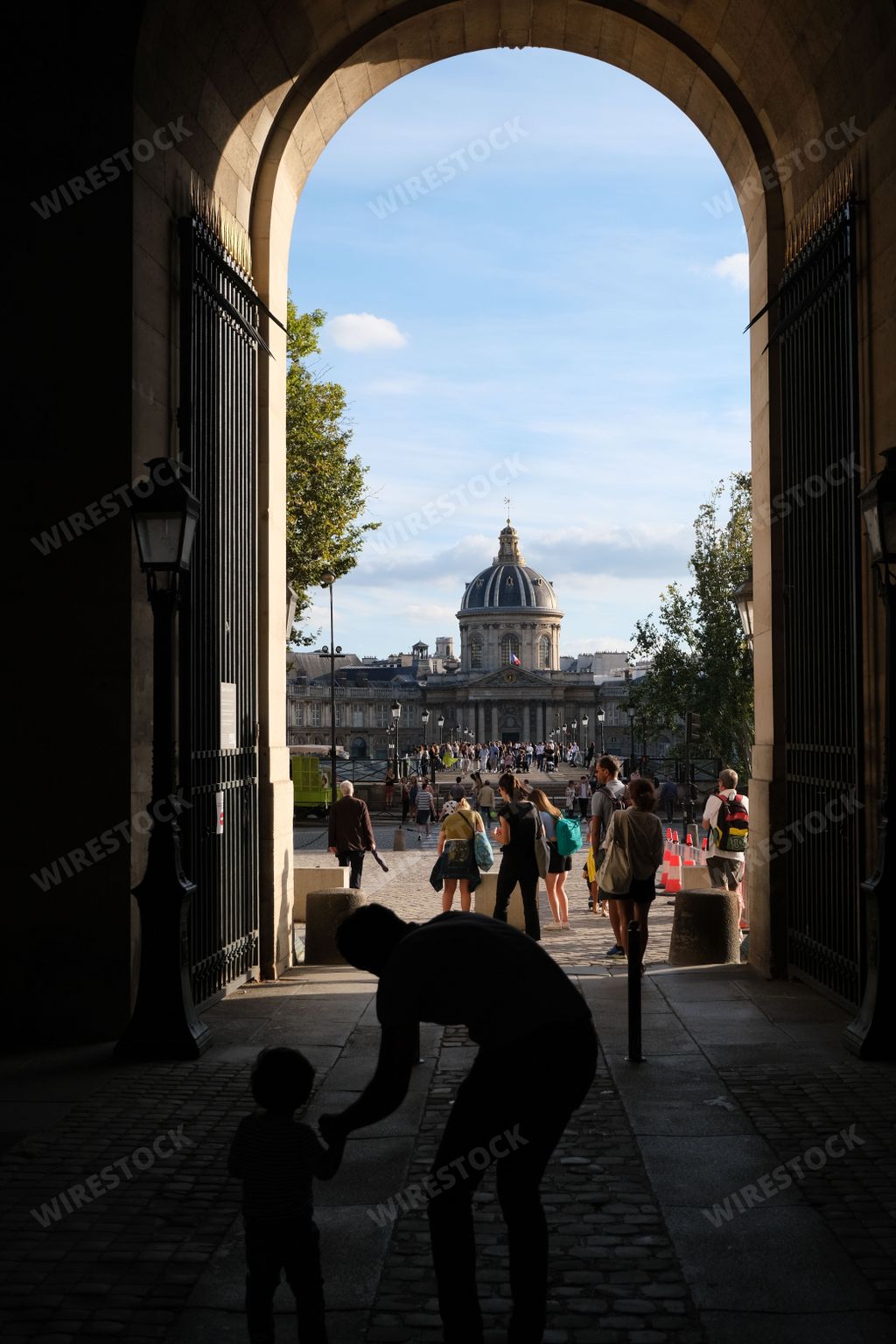 A vertical shot of the French Institute, the Pont des arts bridge in background through a gate of Louvre, the silhouette of people in Paris, France