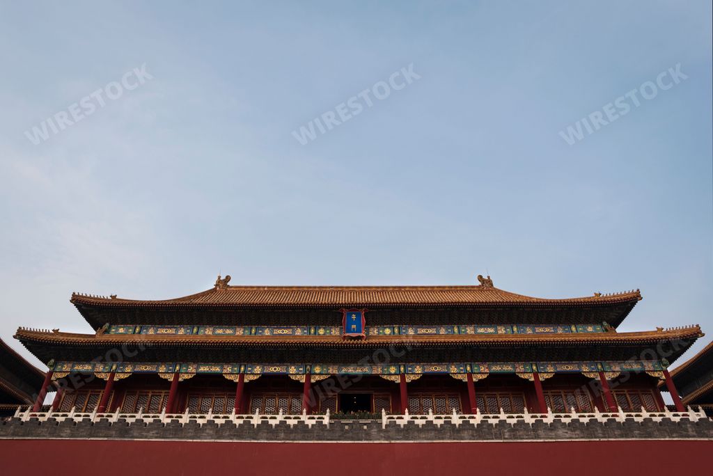 A low-angle view of an ancient temple in China on a sunny day