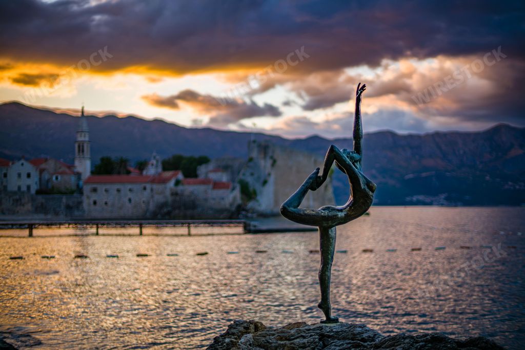 The Ballet dancer statue on the coast of Budva, Montenegro during sunset
