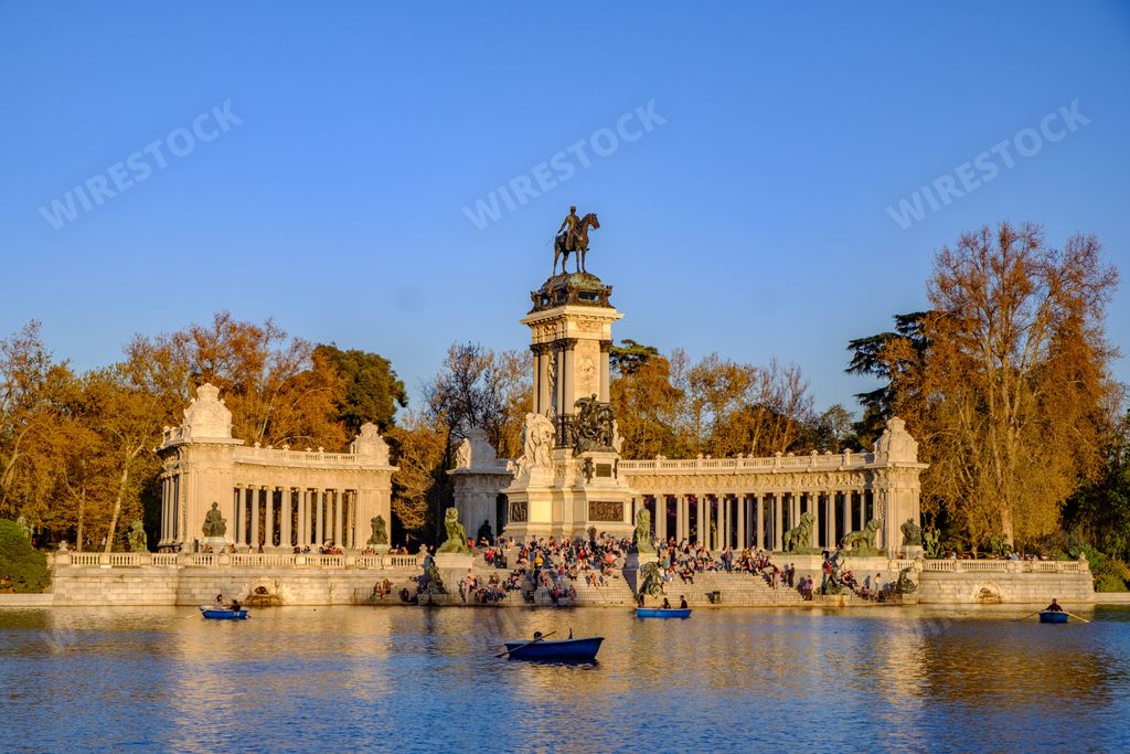 The El Retiro Park in Madrid, Spain with boats in water