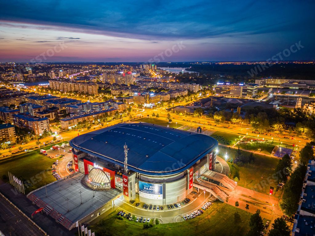 Aerial view of Belgrade Arena, also known as Stark Arena, in New Belgrade, Serbia at dusk