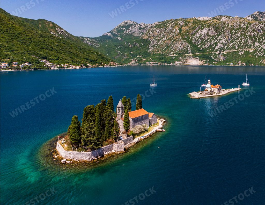 An aerial view of St George island in Kotor bay, Montenegro