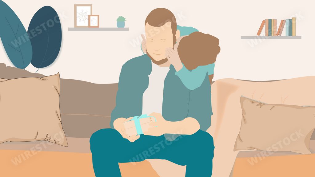 An illustration of a father and son hugging and smiling as his son gives him a gift for International Father's Day
