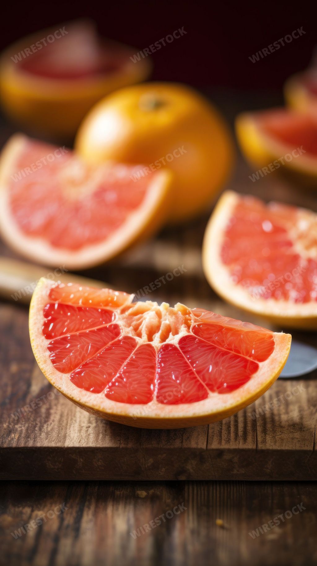 An AI generated illustration of A ripe, juicy grapefruit displayed on a wooden cutting board