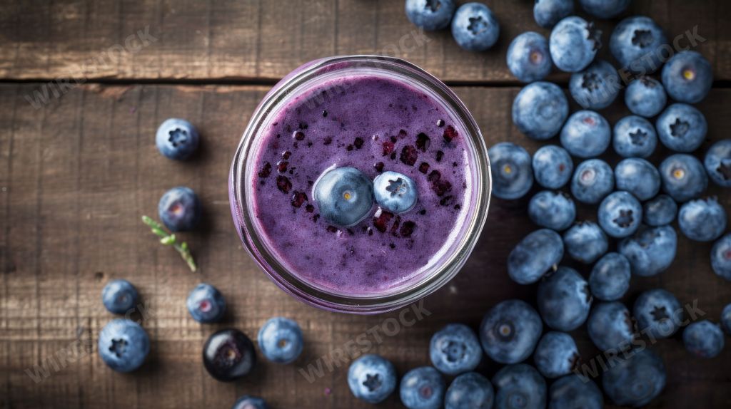 An AI generated illustration of A glass jar filled with fresh blueberry smoothie