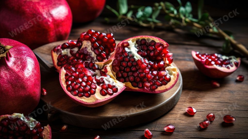 An AI generated illustration of a close-up of a pomegranate cut in half, lying on a cutting board