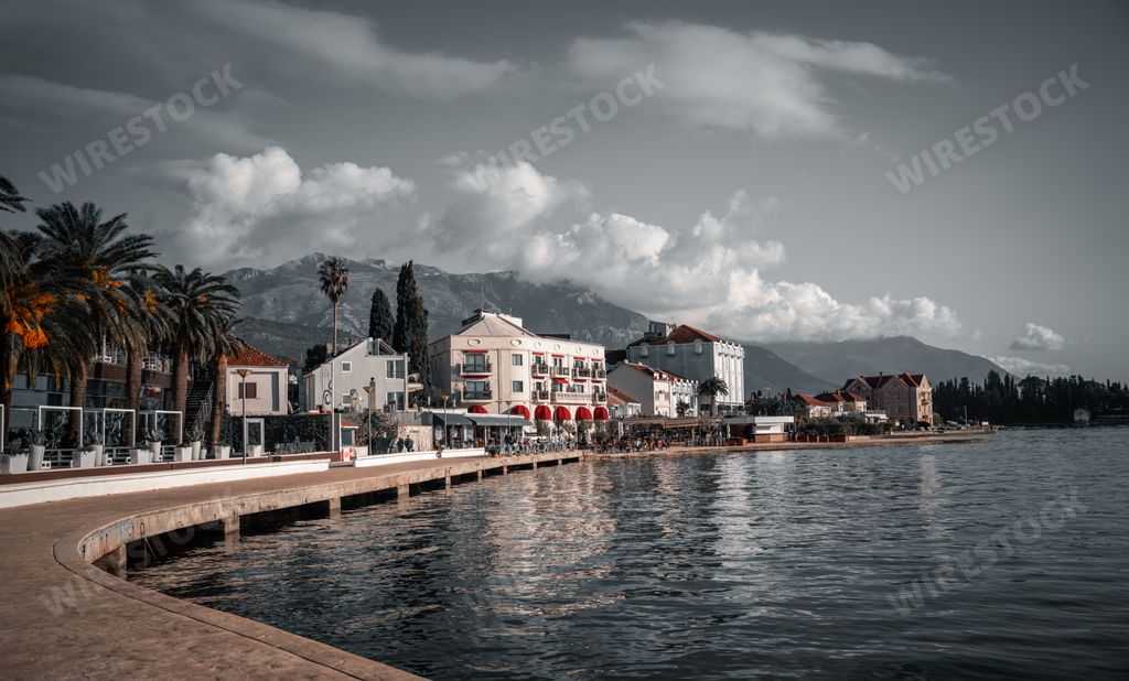The dramatic clouds over Tivat mountains by Adriatic Sea, Montenegro a