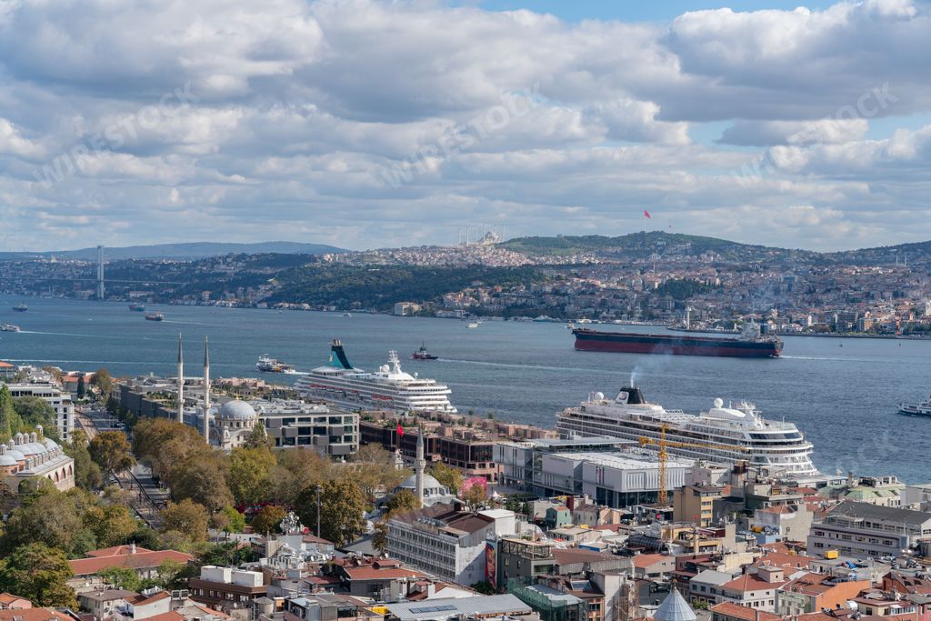 A large cruise ship is docked in a bustling harbor area, surrounded by towering buildings