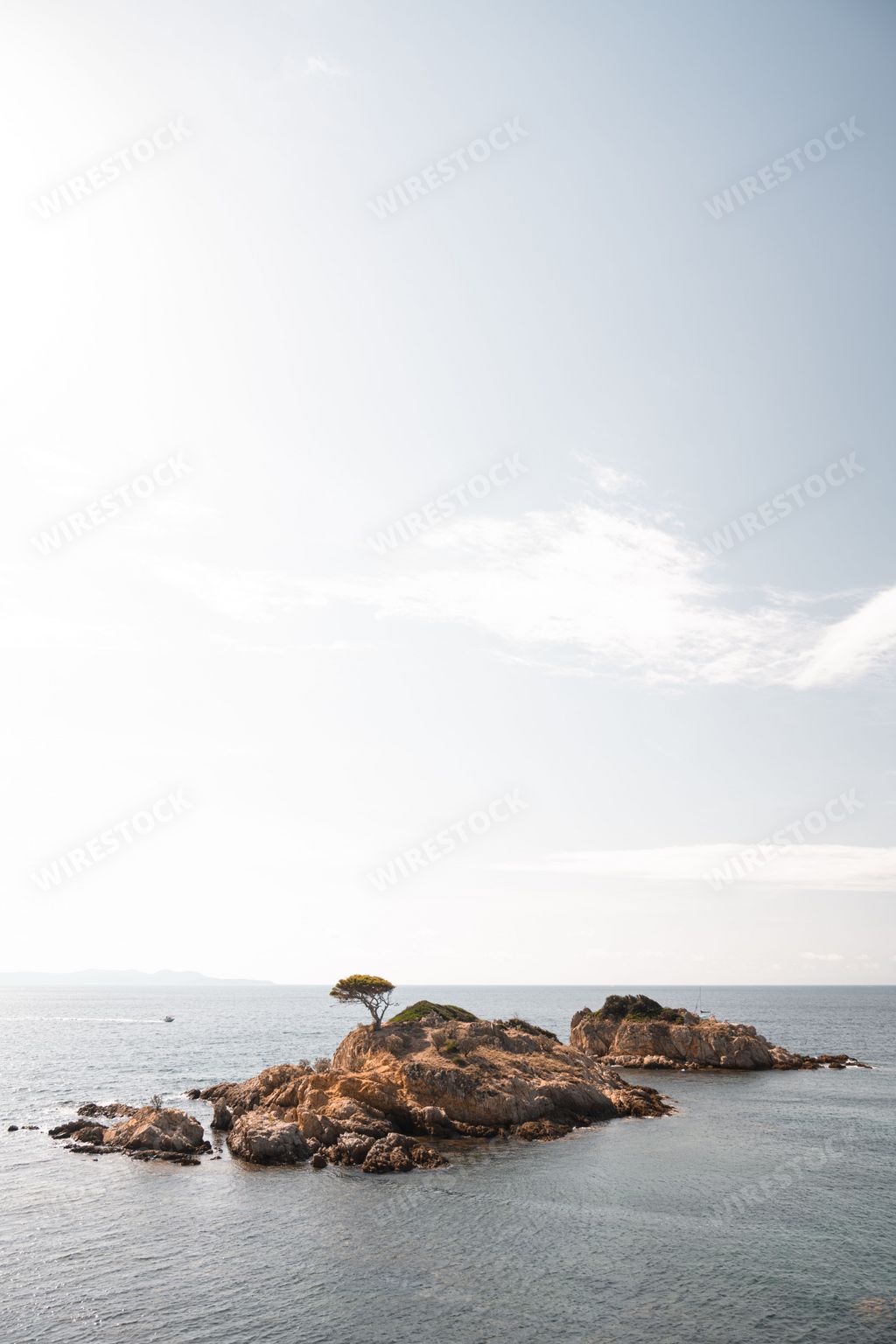 A small, rocky island with a lonely tree and a boat in the background, near the coast of Bormes-Les-Mimosas, France
