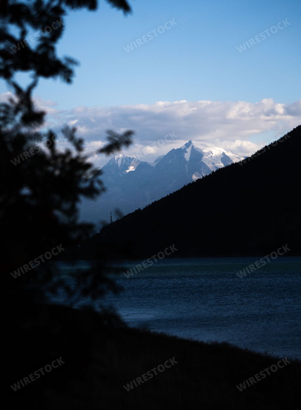 A vertical natural shot of a Reschensee lake