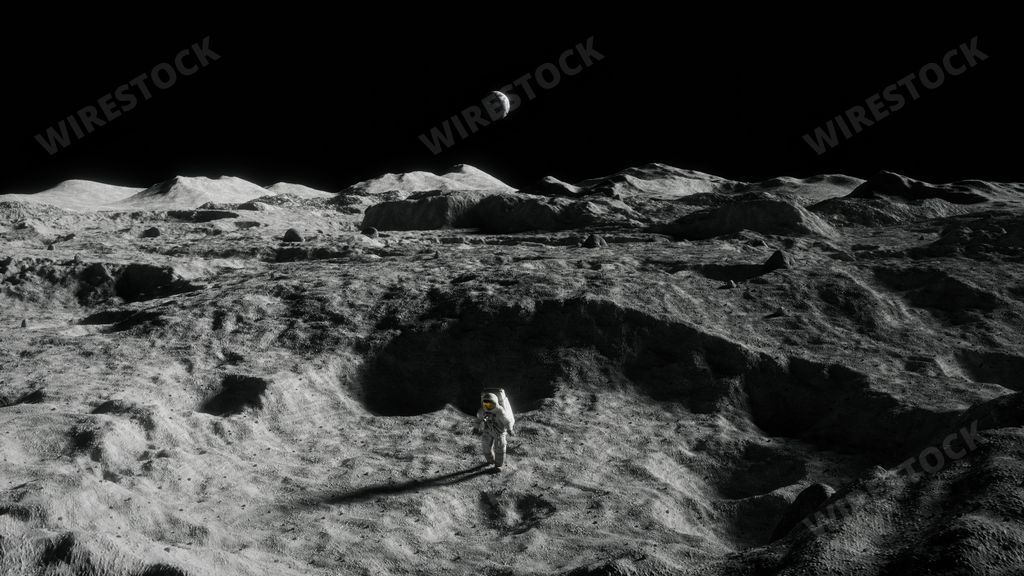 Grayscale space explorer standing on moon's surface, gazing at Earth in distance