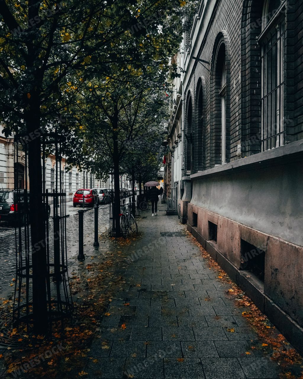A close-up view of a brick walkway, leading up to a large building on a city sidewalk