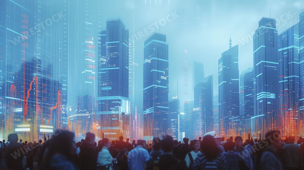 An AI generated illustration of A bustling urban night scene with a diverse crowd of pedestrians strolling through the city streets