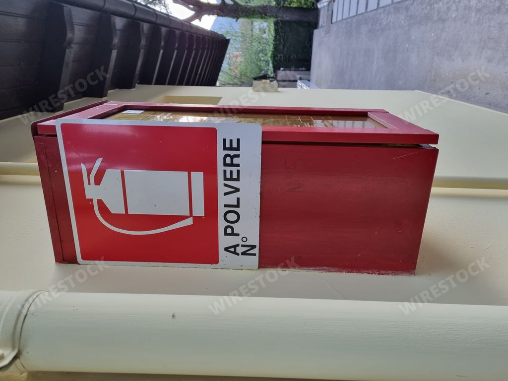 A vertical closeup of a fire extinguisher sign on a red box hanging on a building