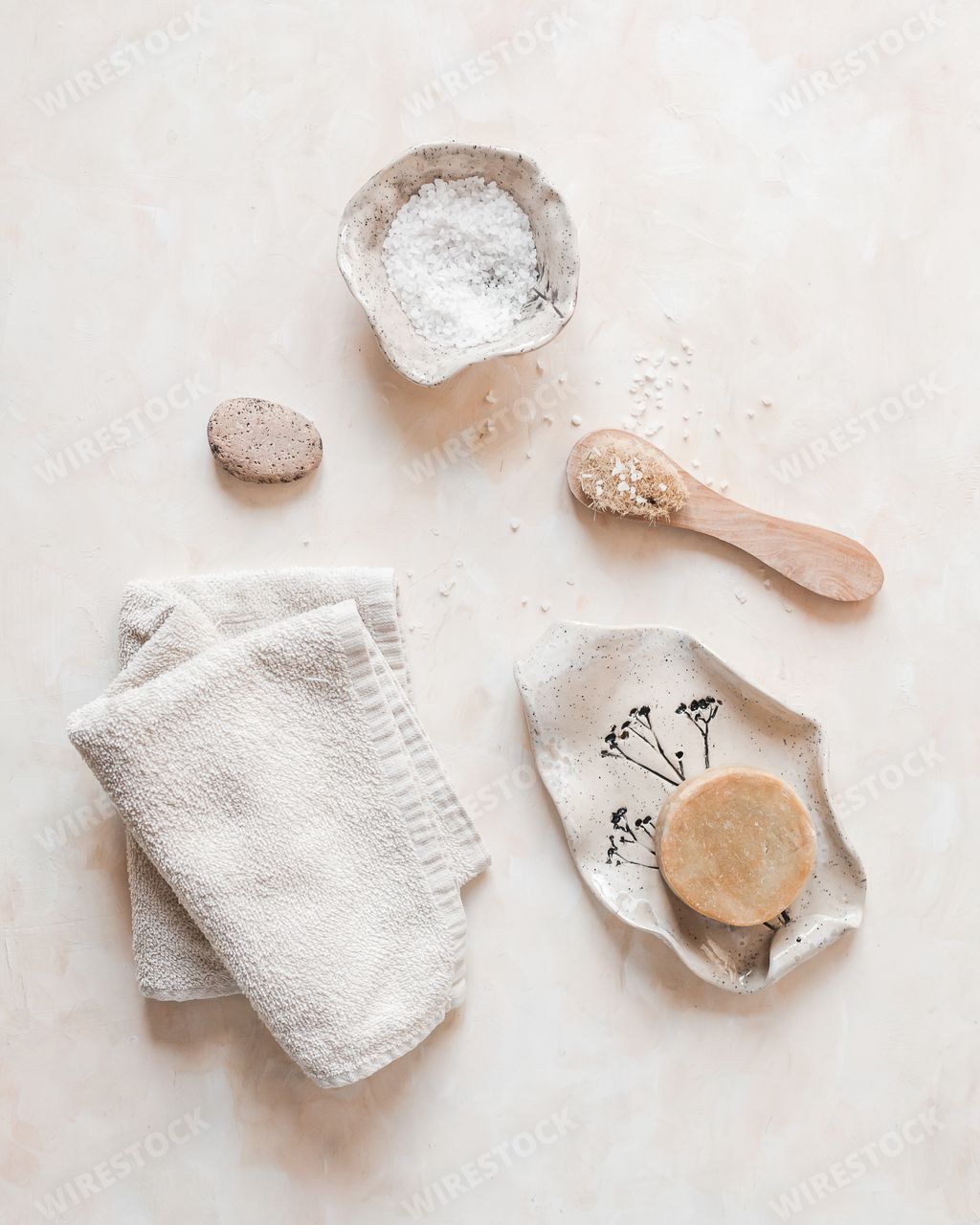 A vertical top view of eco-friendly zero waste bathroom accessories or supplies for personal hygiene