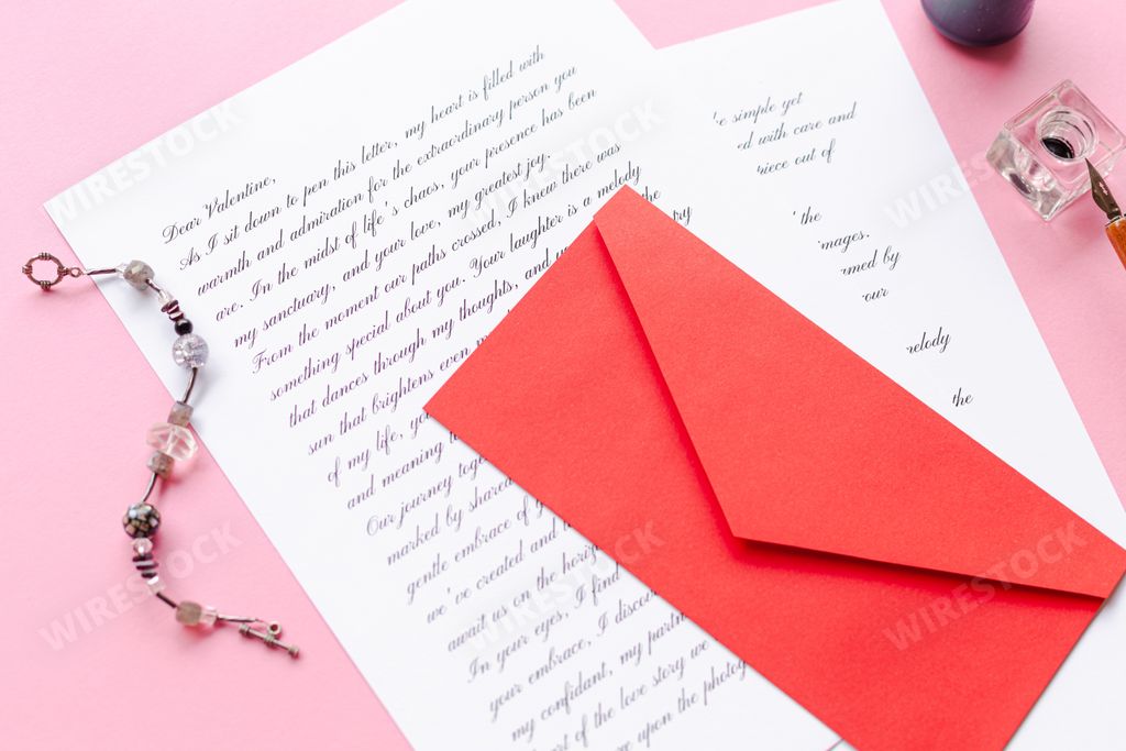 Red envelope with letters and pen on pink background