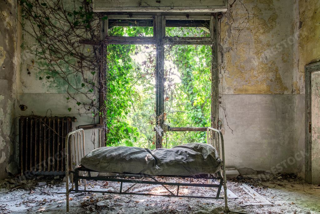 A ruined Hospital lies crumbling on the abandoned and supposedly haunted Poveglia Island in Italy.