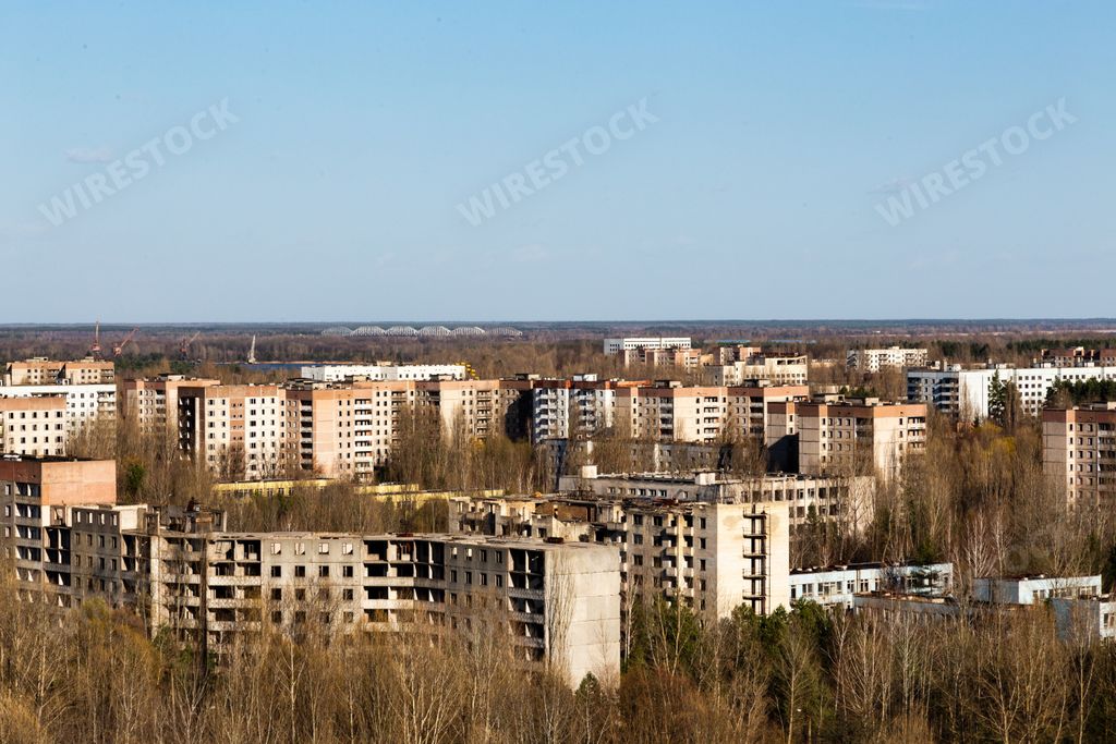Landscape of the abandoned Pripyat city shot from a rooftop in Chernobyl