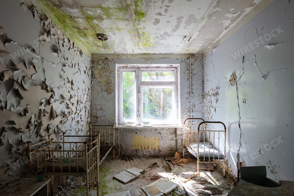 Hospital beds within an abandoned hospital in Pripyat, Chernobyl